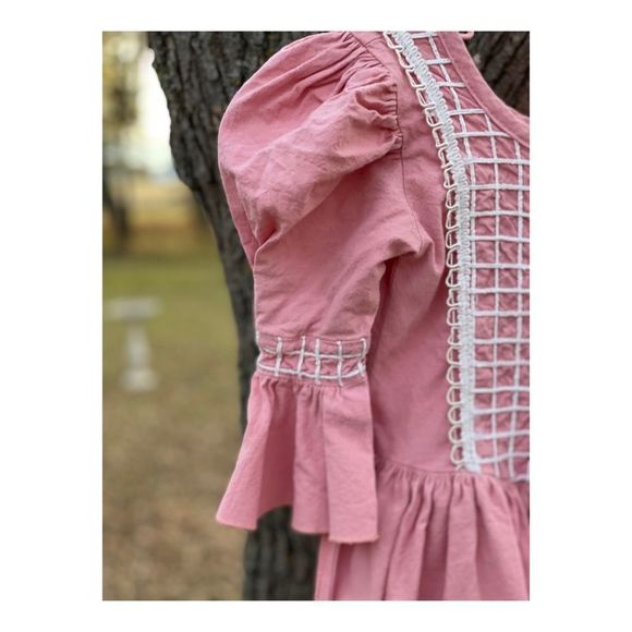 Vintage Medieval Style Maiden Dress Pink White Cotton Shirt Puff Sleeve Lace - Picture 9 of 9